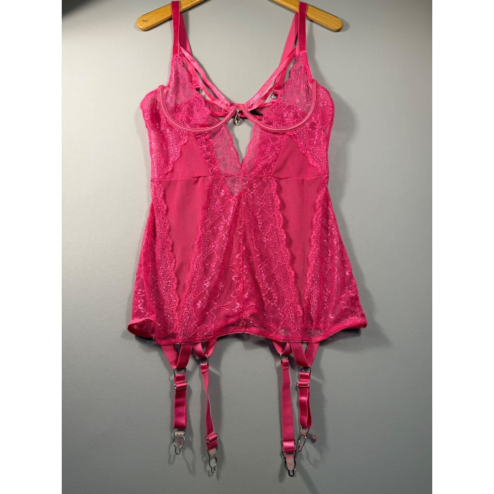 Seven 'til Midnight Hot Pink Lace Garter Chemise Lingerie with Rhinestone Charm